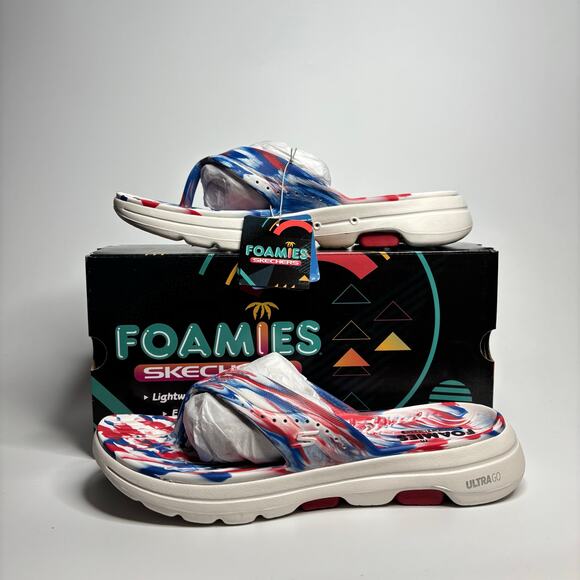 Skechers Go Walk 5 Foamies Merica Sweets Flip Flop Sandals in White/Blue/Red - Picture 1 of 11